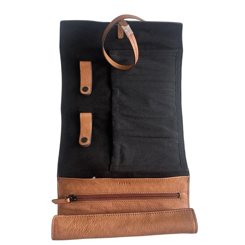 Fossil Mens Leather Tech Wrap Travel Organizer With Snap Closures Zipper Pocket